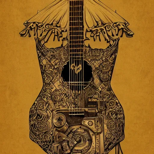 Prompt: page from a graphic novel depicting intricate and finely detailed acoustic, steampunk style, photorealistic illustration, future punk guitar, fantasy concept art, hyper realistic illustration, 8 k, artstation