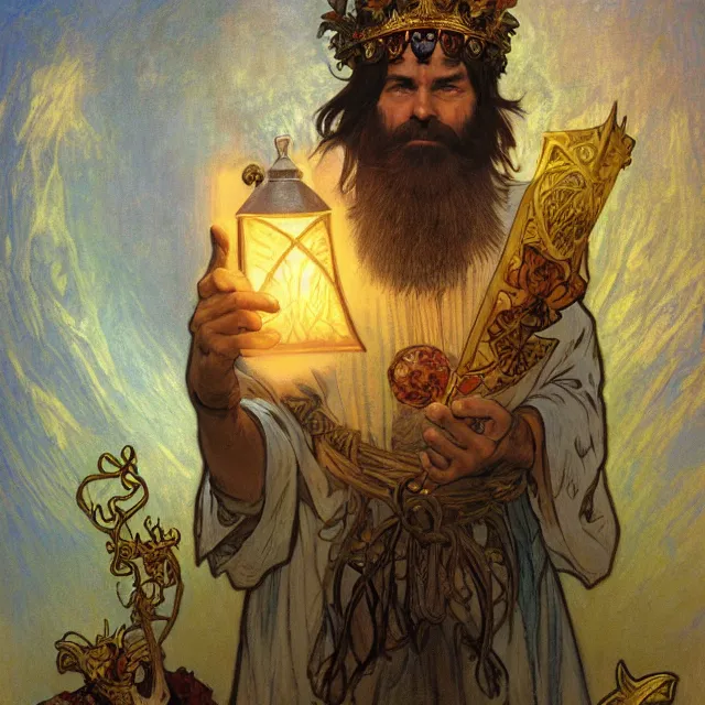 Prompt: an aesthetic! a detailed portrait of a man in a long beard, with a crown, holding a lantern with piles of gold in the background, by frank frazetta and alphonse mucha, oil on canvas, art nouveau dungeons and dragons fantasy art, hd, god rays, ray tracing, crisp contour lines, huhd