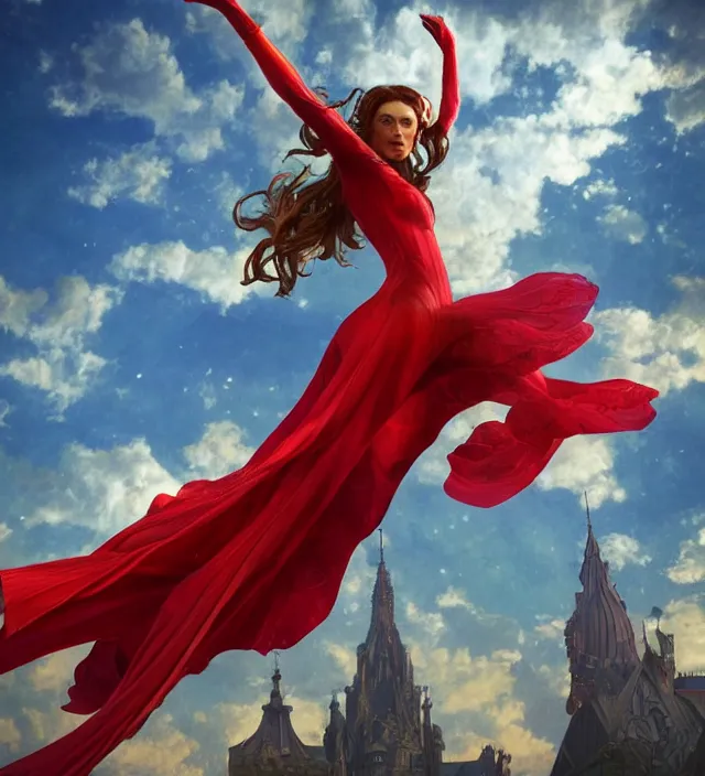 Prompt: scarlet witch soaring in the sky, nostalgia, very detailed texture, realistic shaded lighting, studio quality, digital art, background style by alphonse mucha, unreal engine 5 rendered, octane rendered, pinnacle studio, naturel, trending on artstation, art style by nixeu and ian sprigger