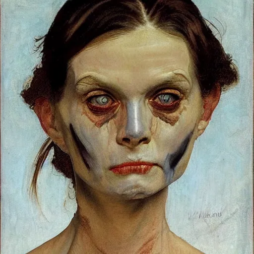 Prompt: Frontal portrait of a demon. The texture of her skin is a mixture of cyan flesh and boney marble. A painting by Norman Rockwell.