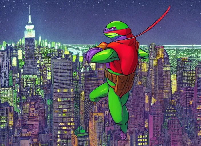 Image similar to highly detailed cell shaded image of the ninja turtle raphael vigilantly watching over a beautiful new york city skyline at night. vivid color. trending on artstation