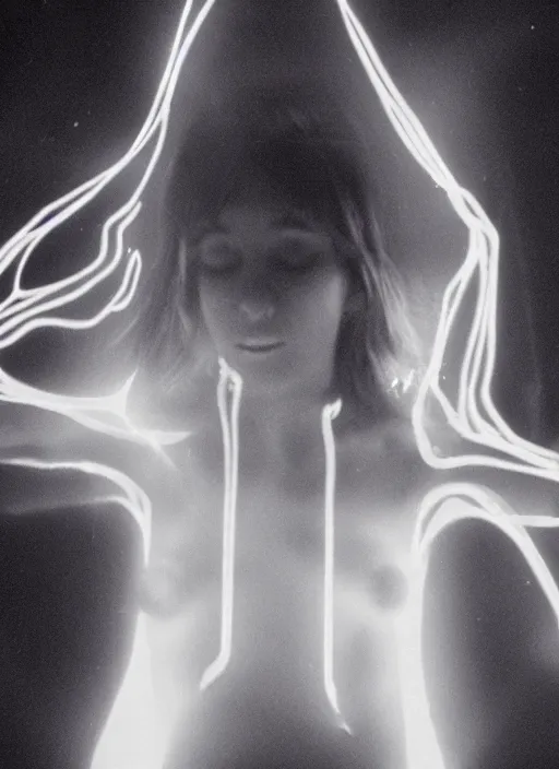 Image similar to a symmetrical female astral projection, liquid glowing aura, out of body experience, film grain, cinematic lighting, experimental film, shot on 1 6 mm