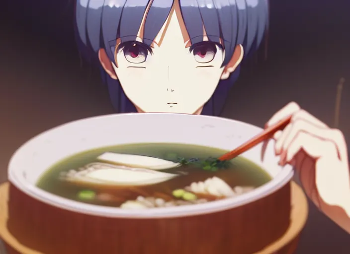 Prompt: a film still portrait of a bowl with miso soup, finely detailed features, closeup at the food, perfect art, at a dinner table, gapmoe yandere grimdark, trending on pixiv fanbox, painted by greg rutkowski makoto shinkai takashi takeuchi studio ghibli, akihiko yoshida