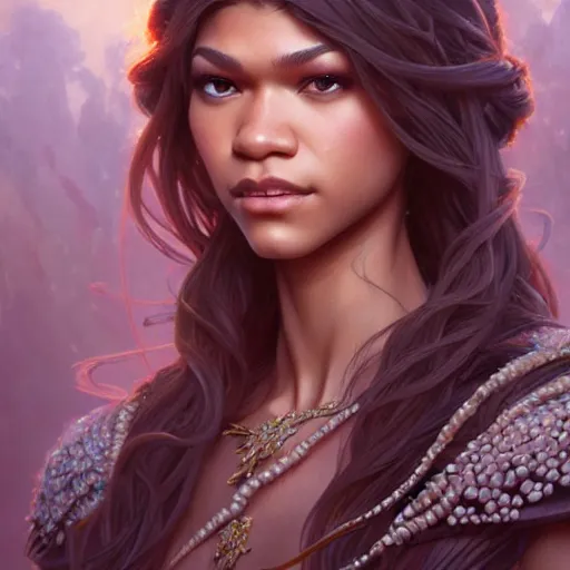 Image similar to Zendaya as a fantasy princess, D&D, fantasy, intricate, elegant, highly detailed, digital painting, artstation, concept art, matte, sharp focus, illustration, art by Artgerm and Greg Rutkowski and Alphonse Mucha