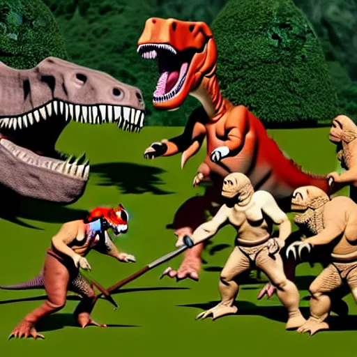 Image similar to A large dinosaur! fighting with several realistic detailed cavemen with proportioned bodies, next to the dinosaur are cavemen, the cavemen are armed with spears, the caveman are in a fighting stance, the cavemen are wearing animal furs, one caveman is stabbing the dinosaur with his spear, one caveman is cowering in fear, coarse canvas, visible brushstrokes, intricate, extremely detailed painting by William Turner (and by Greg Rutkowski)