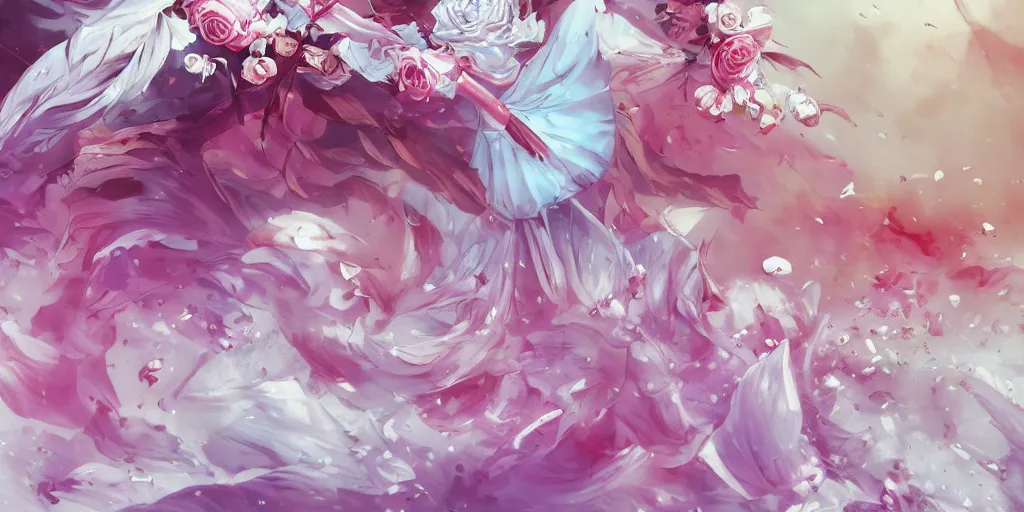 Image similar to flying longswords flowing slicing through a bouquet of white and pink roses, flowers exploding and spraying, big puffy clouds, sharp rain, large rose petals, lotus petals, large polygonal background elements, large polygons, dramatic anime, dramatic lighting, artgerm, manga, trending on artstation, art nouveau, mature colors