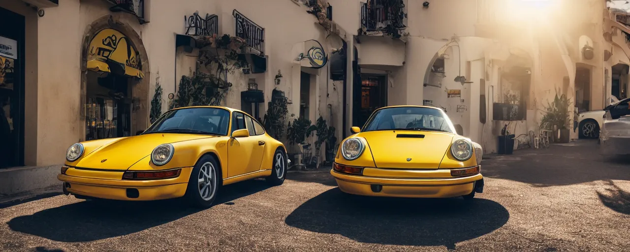 Image similar to Photo of a copper yellow Porsche 911 Carrera 3.2 parked in front of a cafe in Cyprus, daylight, dramatic lighting, award winning, highly detailed