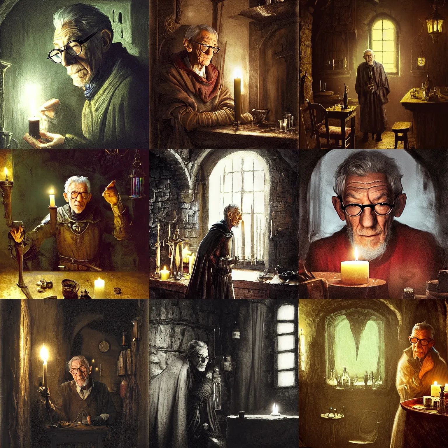 Prompt: skinny, cautious, paranoid 7 0 years old alchemist ( ian mckellen with a long goatee and with scissor glasses ), looks around in a dark medieval inn. super close up, dark shadows, colorful, candle light, law contrasts, fantasy concept art by jakub rozalski, jan matejko, and j. dickenson