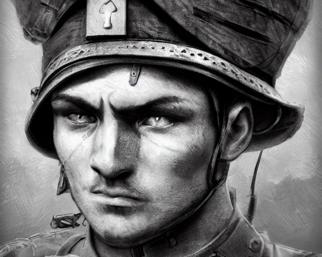 Prompt: A soldier cat warrior in world war one, close-up, realistic face, sharp facial features, mature facial features, black and white, amazing digital art, hyper detailed, artstation, in the style of Tony Sart