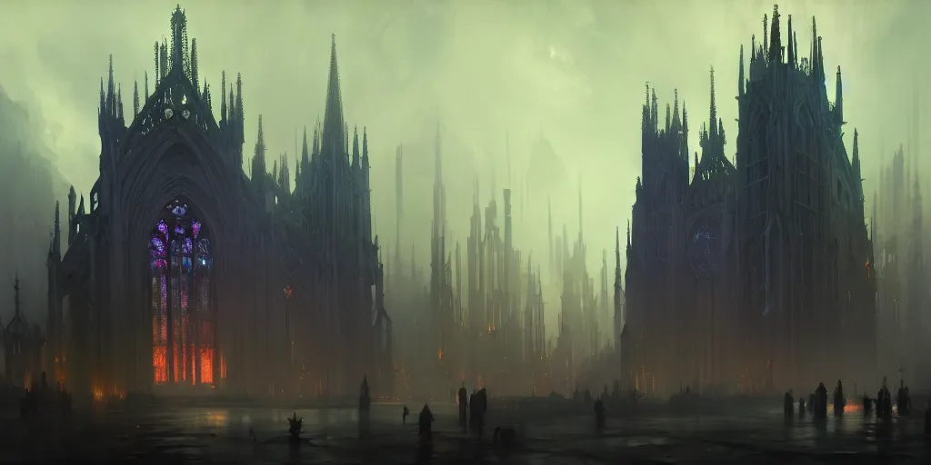 Prompt: a gothic cathedral standing in the middle of a city, extremely detailed digital painting, in the style of fenghua zhong and ruan jia and jeremy lipking and peter mohrbacher, mystical colors, rim light, beautiful lighting, 8 k, stunning scene, raytracing, octane, trending on artstation