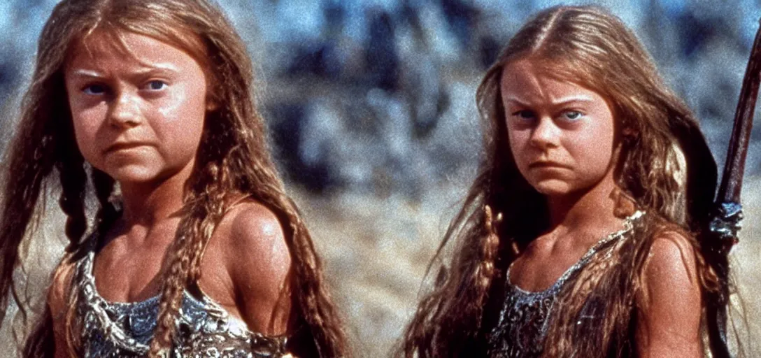 Image similar to still of greta thunberg as conan in conan the destroyer ( 1 9 8 4 )