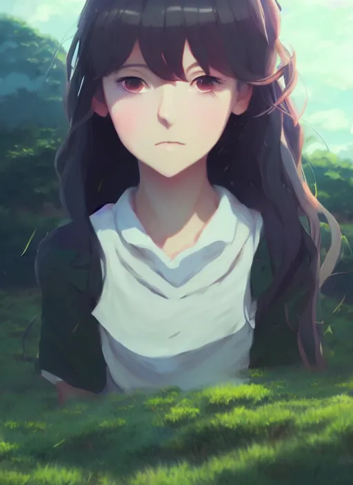 Image similar to portrait of cute girl, cloudy sky background lush landscape illustration concept art anime key visual trending pixiv fanbox by wlop and greg rutkowski and makoto shinkai and studio ghibli