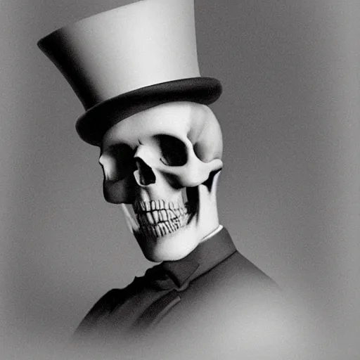 Prompt: hyperrealistic skull wearing a top hat surrounded by smoke, smoke pouring out of its mouth,