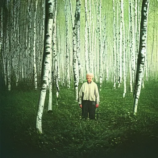 Prompt: photograph of an old man in a birch forest, medium format, shallow depth of field, tarkovsky