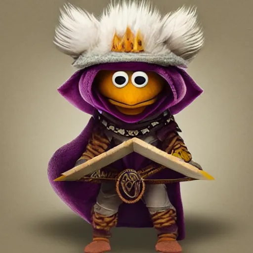 Image similar to dungeons and dragons egg white grung cleric as a chibi muppet plush wearing a big dark wolf pelt headdress and carrying a tiny sketch book and pencil, photorealistic, photography, national geographic, sesame street