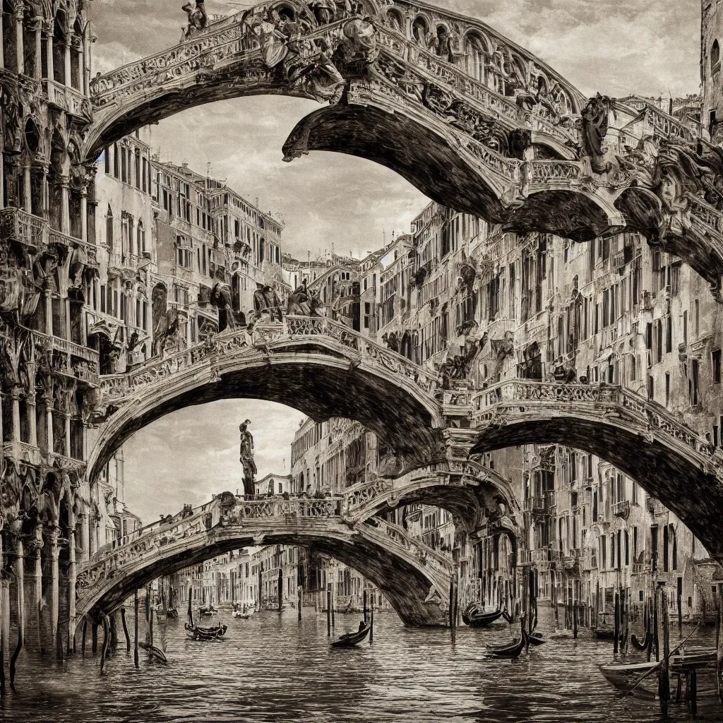 Prompt: venice bridges puzzle by piranesi, composition, cinematic, rule, grid