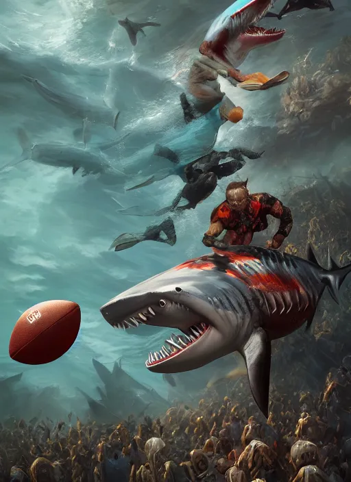 Image similar to shark man playing football, hyper detailed, digital art, trending in artstation, cinematic lighting, studio quality, smooth render, unreal engine 5 rendered, octane rendered, art style by klimt and nixeu and ian sprigger and wlop and krenz cushart.