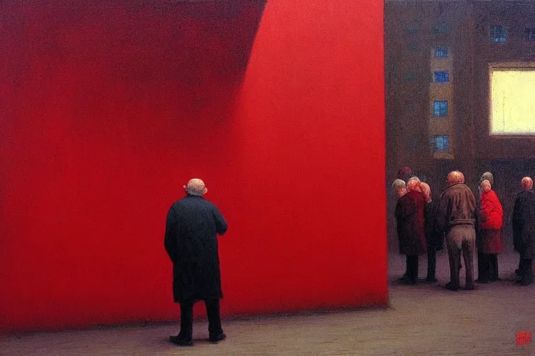 Image similar to only with red, a red old man try to sell a portrait, in a square, crowd cheering, in the style of beksinski, parts by edward hopper, parts by rodcenko, parts by yue minjun, intricate and epic composition, red by caravaggio, insanely quality, highly detailed, masterpiece, red light, artstation, 4 k