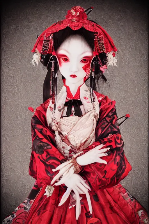 Image similar to high angle photo an avant - garde japanese bjd geisha vampire queen in a victorian lolita fashion red dress in the style of lovecraftian horror painted by yoshitaka amano, takato yamamoto, ayami kojima, dmt art, symmetrical vogue face portrait, intricate detail, artstation, cgsociety, artgerm, rococo