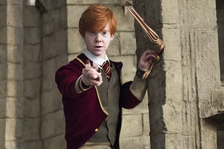 Image similar to film still Freddy Highmore as Ron Weasley wearing hogwarts uniform in Harry Potter movie