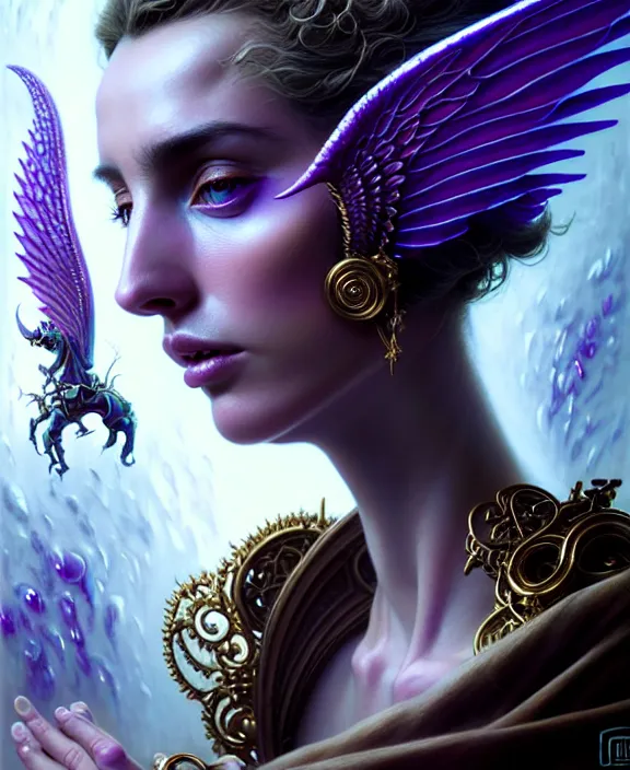 Image similar to beautiful fantasy character portrait, ana de armas, ultra realistic, wide angle, intricate details, the fifth element artifacts, tesseracts, highlights of purple, highly detailed by peter mohrbacher, hajime sorayama, wayne barlowe, boris vallejo, paolo eleuteri serpieri, dishonored 2, white gown, angel wings