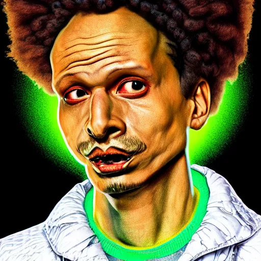Prompt: a detailed portrait of a fashionable cybernetic eric andre wearing a cybergoth gopnik soviet adidas outfit the style of william blake and norman rockwell, kubrick, rembrandt, junji ito undertones, crisp, vibrant color scheme, crisp, artstationhd