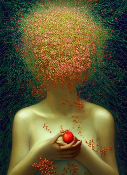 Image similar to hyper detailed 3d render like a Oil painting - Aurora (Singer) Eats of the Strangling Fruit and Her delicate Hands full of gossamer polyp blossoms bring iridescent translucent fungal flowers whose spores black the foolish stars by Jacek Yerka, Mariusz Lewandowski, Houdini algorithmic generative render, Abstract brush strokes, Masterpiece, Edward Hopper and James Gilleard, Zdzislaw Beksinski, Mark Ryden, Wolfgang Lettl, hints of Yayoi Kasuma, octane render, 8k