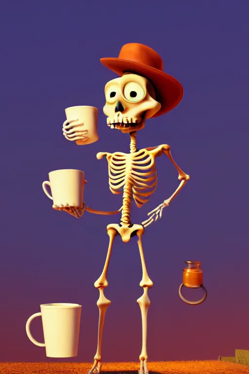 Image similar to a funny skeleton character with big eyes holding a cup of coffee on a cemetery at night. pixar disney 4 k 3 d render funny animation movie oscar winning trending on artstation and behance. ratatouille style.