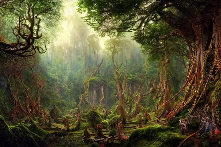 Image similar to a beautiful and highly detailed digital painting of an epic elven construction in an intricately woven forest in the misty mountains, psychedelic patterns, intricate details, epic scale, 8 k, sharp focus, photorealism, artstation, cgsociety, by caspar friedrich, albert bierstadt, james gurney, brian froud,