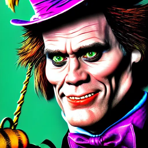 Image similar to Jim Carrey as mad hatter. epic game portrait. Highly detailed. D&D art by Michelangelo