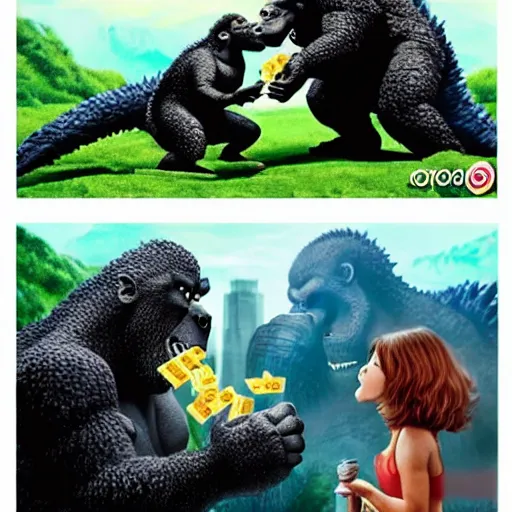 Prompt: godzilla and kong playing uno