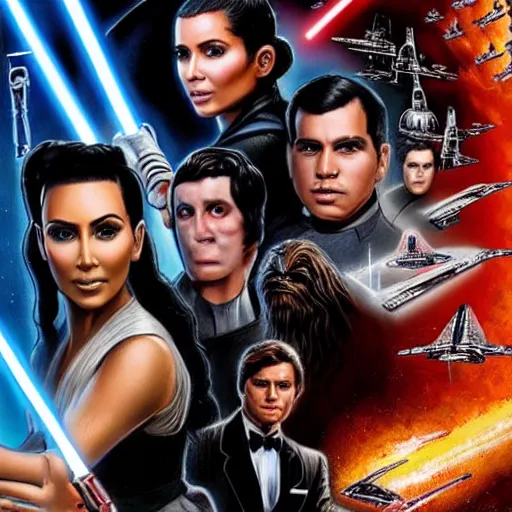 Image similar to super detailed star wars movie poster with ben shapiro, snooki and kim kardashian, 8k full HD photo, cinematic lighting, anatomically correct, oscar award winning, action filled, correct eye placement,