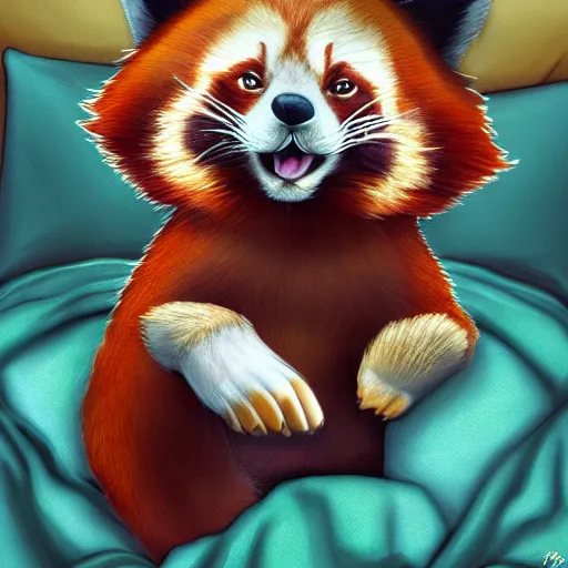 Image similar to commissioned full body portrait of an anthro!! red panda waking up in bed! and yawning, trending on furaffinity,