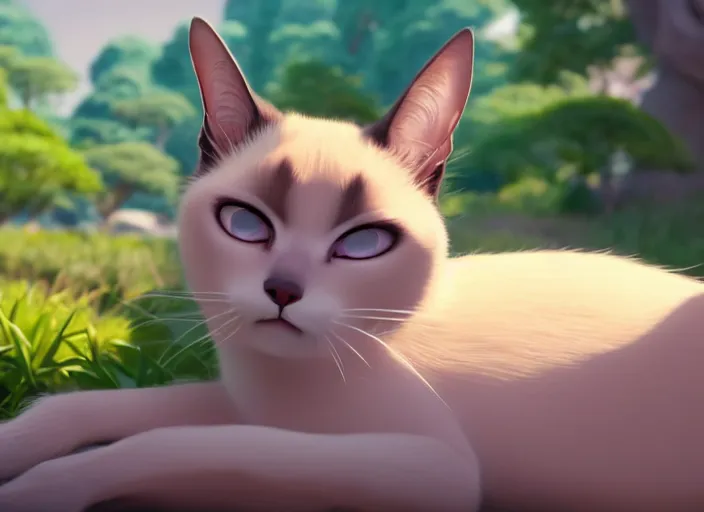 Image similar to a wholesome animation key shot of a siamese cat sleeping, close up, studio ghibli, pixar and disney animation, sharp, rendered in unreal engine 5, clear sky, anime key art by greg rutkowski, bloom, dramatic lighting