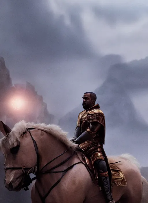 Image similar to kanye west as emperor napoleon in elden ring, splash art, movie still, cinematic lighting, dramatic, octane render, long lens, shallow depth of field, bokeh, anamorphic lens flare, 8 k, hyper detailed, 3 5 mm film grain