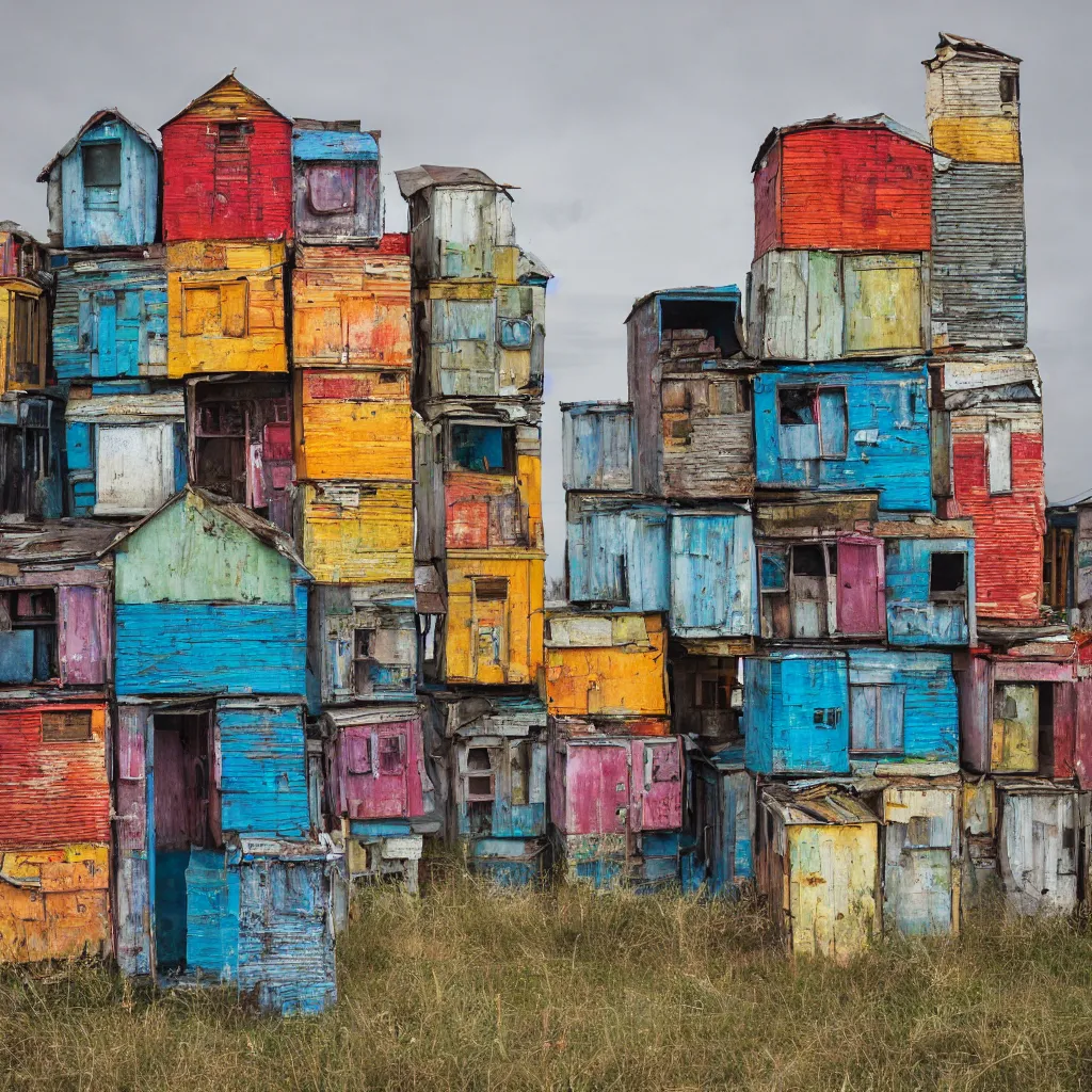 Image similar to close - up view of a tower made up of colourful makeshift squatter shacks, faded colours, plain off white sky, mamiya, very detailed, photographed by cristina de middel