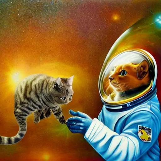 Prompt: surreal painting of a cat travelling through space in an astronaut helmet