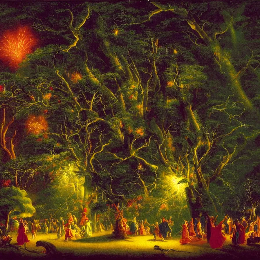 Image similar to closeup of a night carnival around a magical in a summer storm, tree cavity with a music scenario with many fireworks and christmas lights,, volumetric lightning, intense colored god rays in the sky, folklore people disguised with fantastic creatures in a magical forest by summer night, masterpiece painted by martin johnson heade, scene by dark night environment, refraction lights,