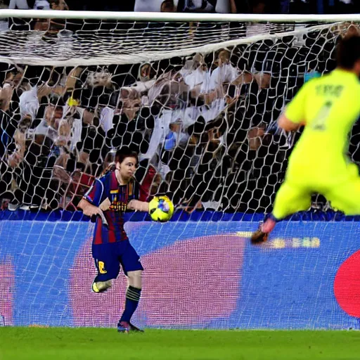 Image similar to messi scoring a bicycle kick with the real madrid shirt, the barca goalkeeper is a mole