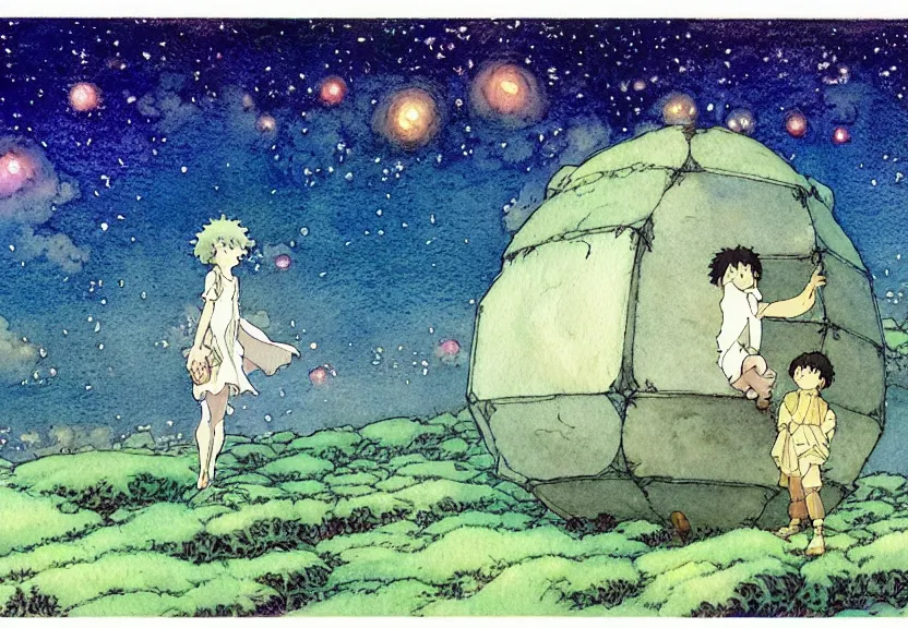 Image similar to a simple watercolor studio ghibli movie still fantasy concept art of one giant black cube floating inside a force field in mid air. it is a misty starry night. by rebecca guay, michael kaluta, charles vess