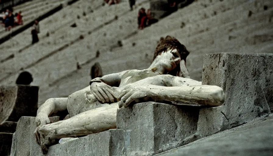 Image similar to 1 9 6 0 s movie still close - up of caligula laying dead on the ancient amphitheater's stairs bloody corpse, cinestill 8 0 0 t 3 5 mm, high quality, heavy grain, high detail, dramatic light, anamorphic