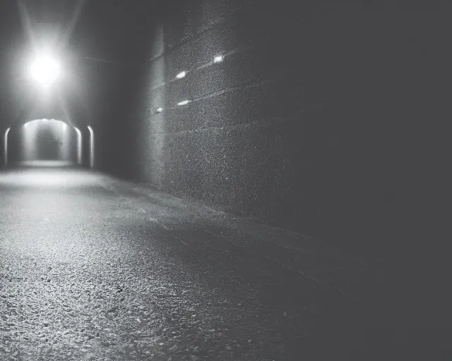Image similar to a dark tunnel with a light at the end, a photo by bedwyr williams, trending on unsplash, light and space, anamorphic lens flare, flickering light, dark
