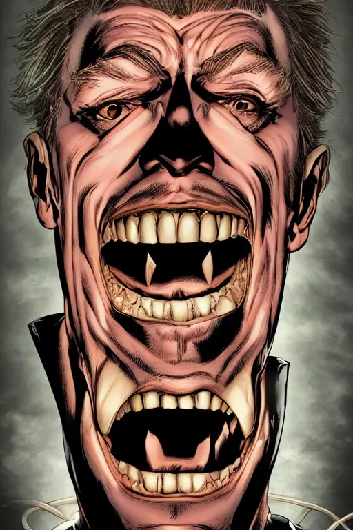 Image similar to aesthetic digital portrait of a handsome young man with a sinister grin by brian bolland, rachel birkett, alex ross, and neal adams | dark, intimidating, imposing, portrait, character concept, concept art, unreal engine, finalrender, centered, deviantart, artgerm