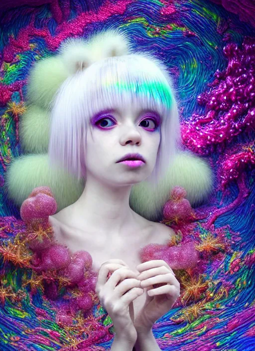 Image similar to hyper detailed 3d render like a Oil painting - kawaii portrait Aurora (white haired Singer Ferret) seen Eating of the Strangling network of yellowcake aerochrome and milky Fruit and Her delicate Hands hold of gossamer polyp blossoms bring iridescent fungal flowers whose spores black the foolish stars by Jacek Yerka, Mariusz Lewandowski, Houdini algorithmic generative render, Abstract brush strokes, Masterpiece, Edward Hopper and James Gilleard, Zdzislaw Beksinski, Mark Ryden, Wolfgang Lettl, hints of Yayoi Kasuma, octane render, 8k