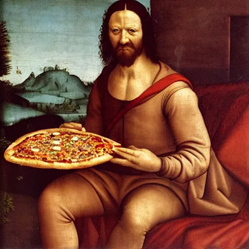 Image similar to a renaissance materpiece painting of a modern man eating pizza in is pajamas on an old leather couch, leonardo da vinci