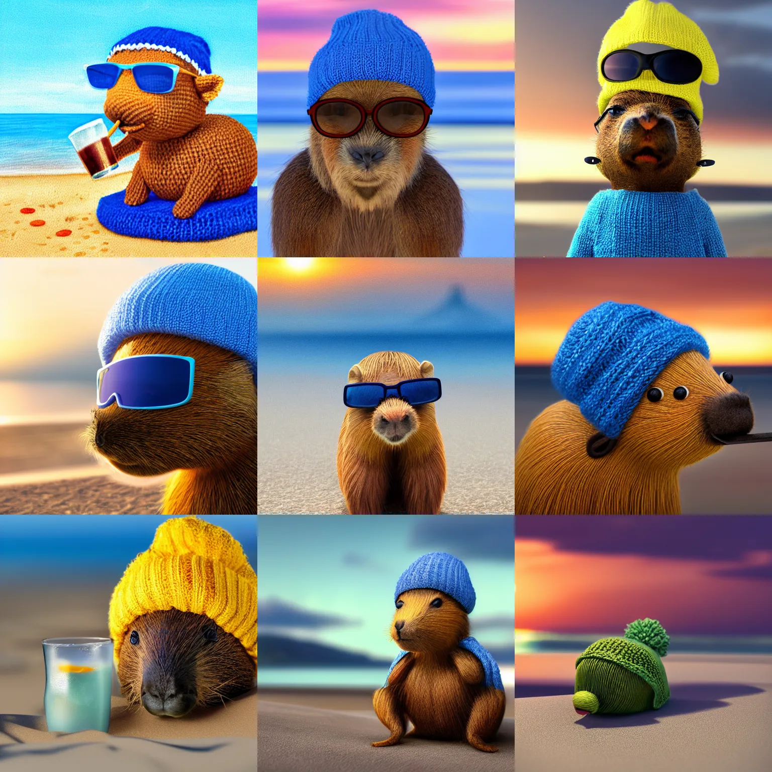 Prompt: a photorealistic photograph of a knitted cute Capybara dressed in sunglasses and a blue beanie cap. The subject is sipping a refreshing Mai Tai drink at the beach during sunset. The image is Trending on Artstation, featured on Behance, well-rendered, fine detail, extra crisp image, Unreal Engine, 4K HD