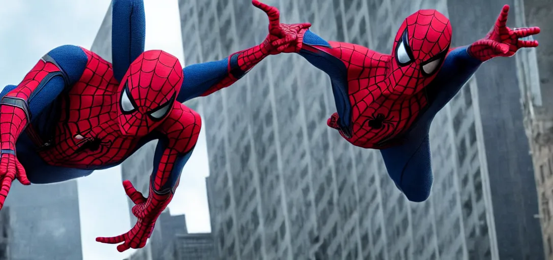 Image similar to Tom Hanks as Spider-Man, film still, wide-shot, full shot, cinematic lens, heroic portrait