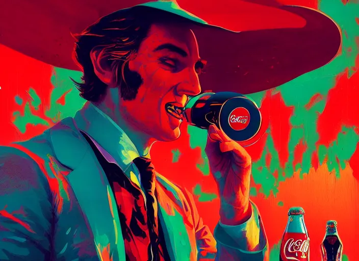 Prompt: A psychedelic portrait of the coca cola man , vibrant color scheme, highly detailed, in the style of romanticism, cinematic, artstation, Moebius, Greg rutkowski