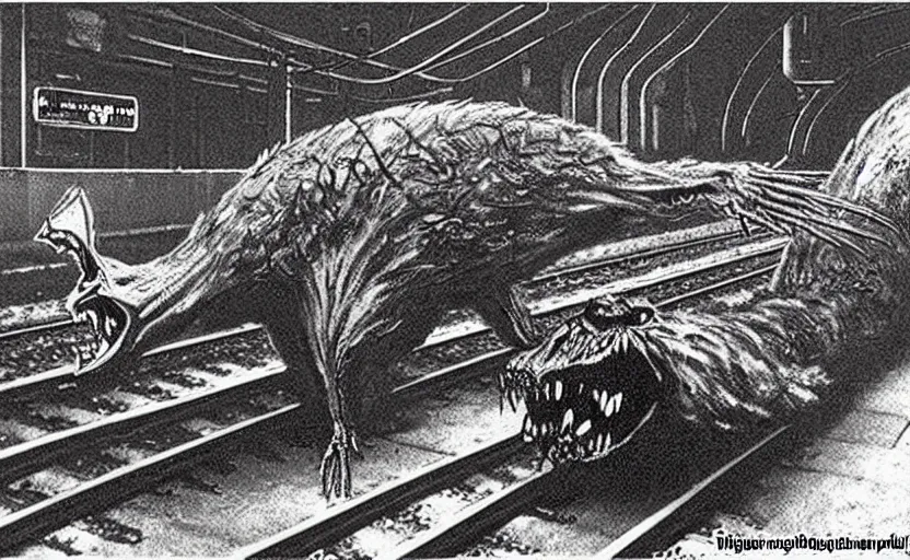 Image similar to very large giant mutant zombie irradiated ( angry rat ) staying on railways in tonnel of moscow subway. tonnel, railways, giant angry rat, furr, fangs, claws, very realistic. extreme long shot, herman nitsch and herman nitsch, giger.