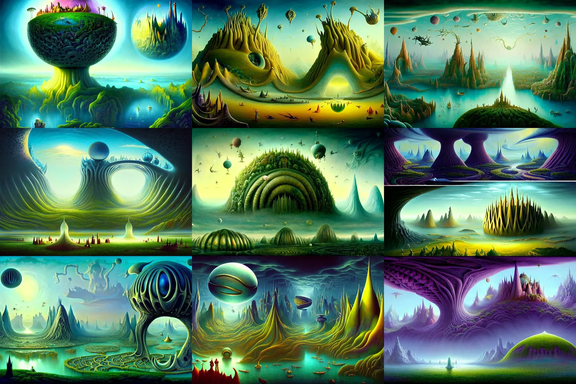 Prompt: a beautiful epic stunning amazing and insanely detailed matte painting of alien dream worlds with surreal architecture designed by Heironymous Bosch, mega structures inspired by Heironymous Bosch's Garden of Earthly Delights, vast surreal landscape and horizon by Cyril Rolando and Andrew Ferez, rich pastel color palette, masterpiece!!, grand!, imaginative!!!, whimsical!!, epic scale, intricate details, sense of awe, elite, fantasy realism, complex composition, 4k post processing